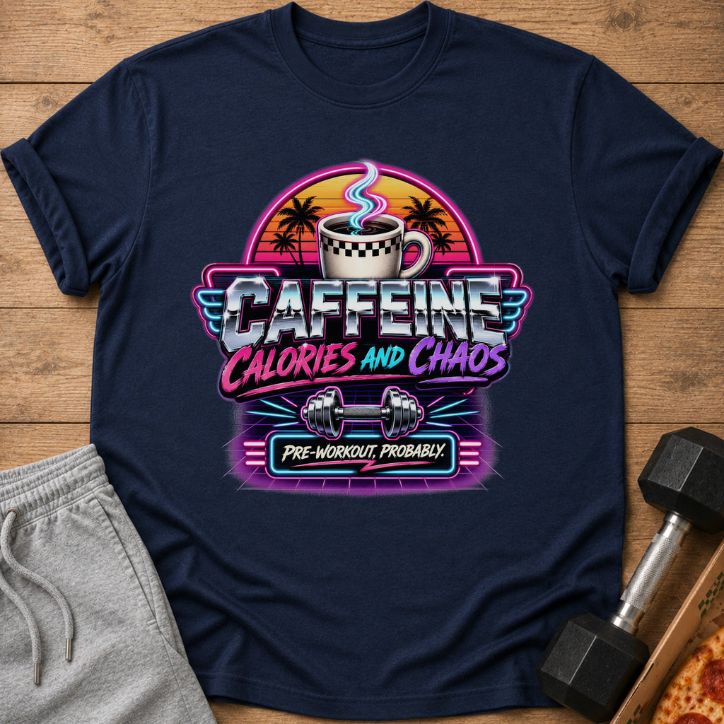 Navy t-shirt with "CAFFEINE CALORIES AND CHAOS PRE-WORKOUT, PROBABLY." neon graphic.