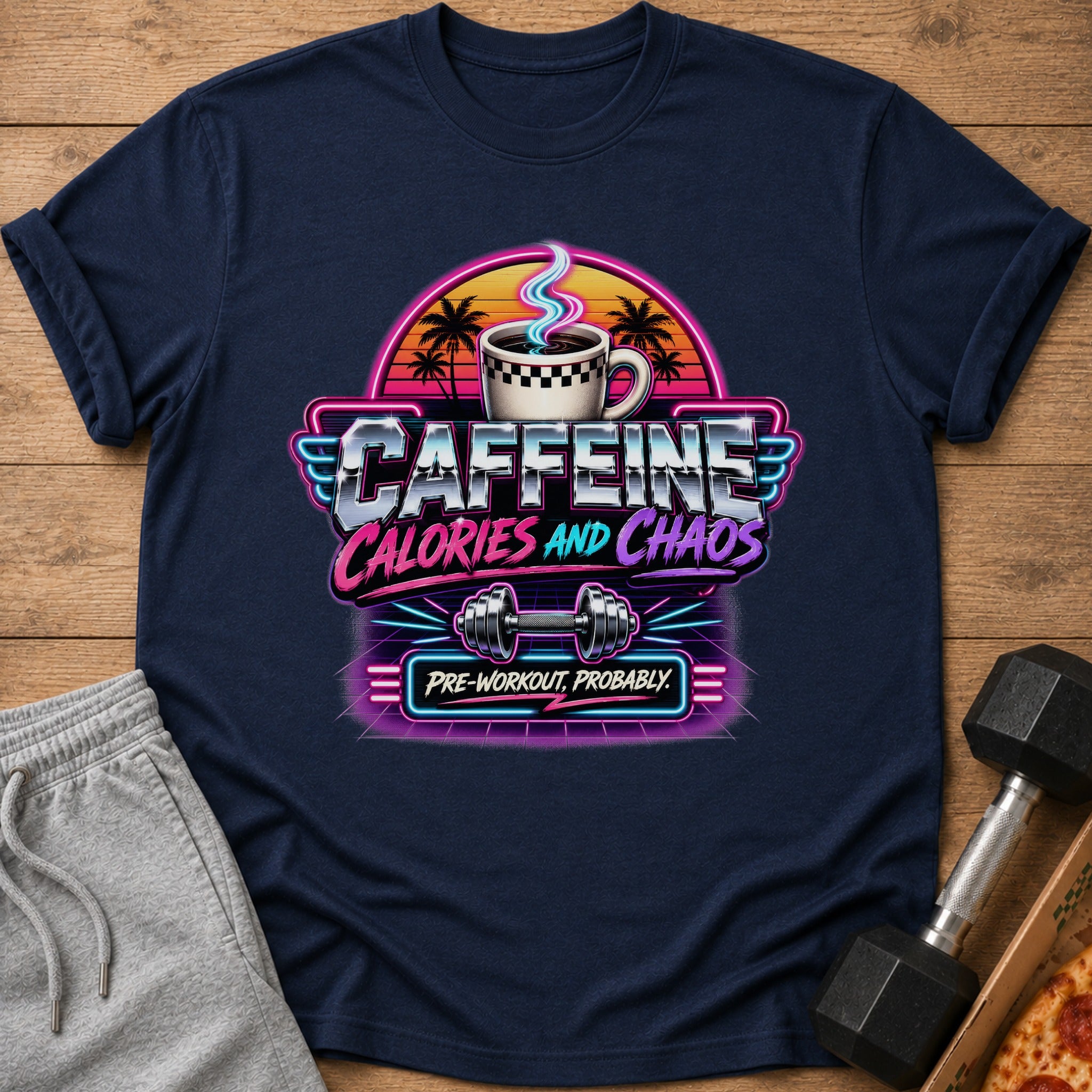 Navy t-shirt with "CAFFEINE CALORIES AND CHAOS PRE-WORKOUT, PROBABLY." neon graphic.