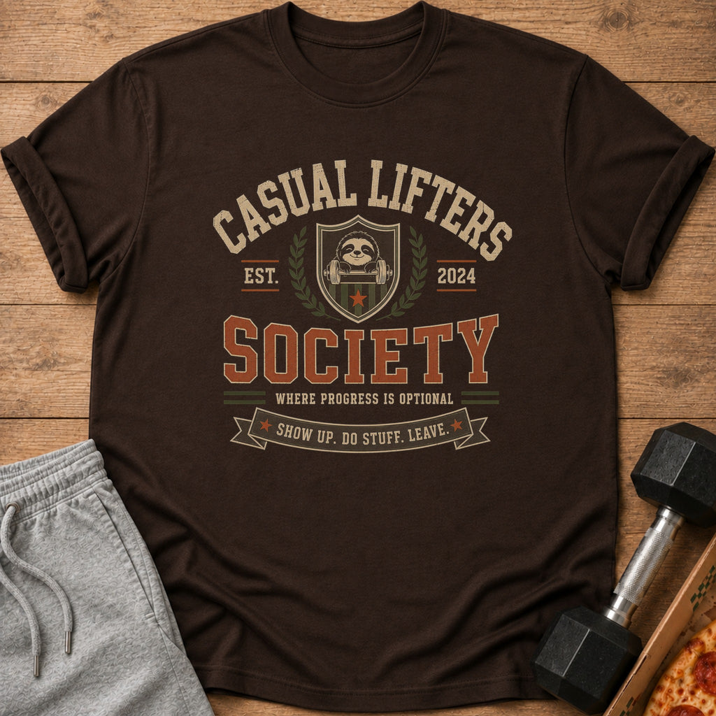 Brown t-shirt with "Casual Lifters Society" slogan and sloth graphic.