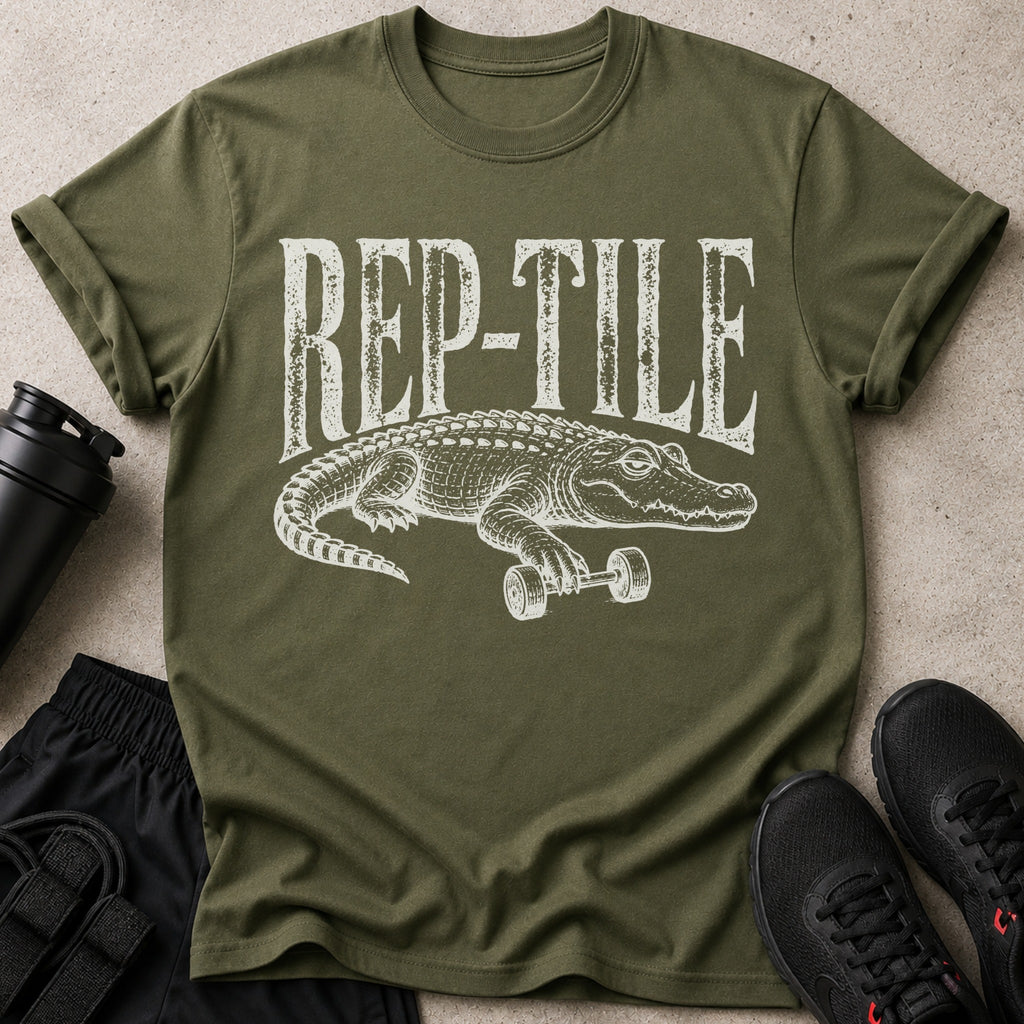 Green t-shirt with distressed "REP-TILE" text and alligator lifting dumbbell.