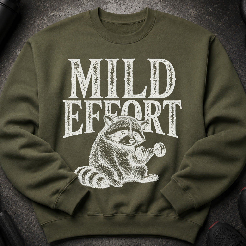 Olive green sweatshirt with white text "MILD EFFORT" and a raccoon lifting a dumbbell.
