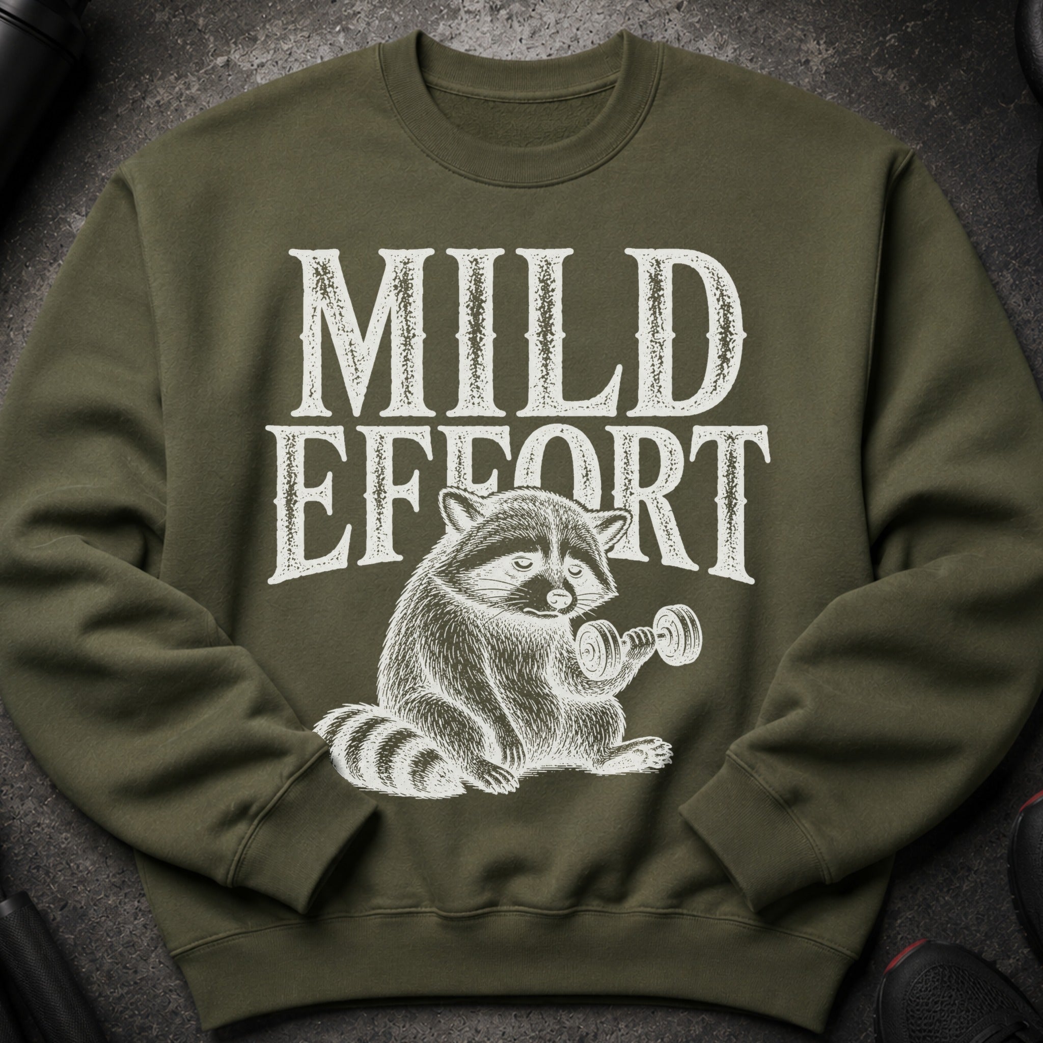 Olive green sweatshirt with white text "MILD EFFORT" and a raccoon lifting a dumbbell.