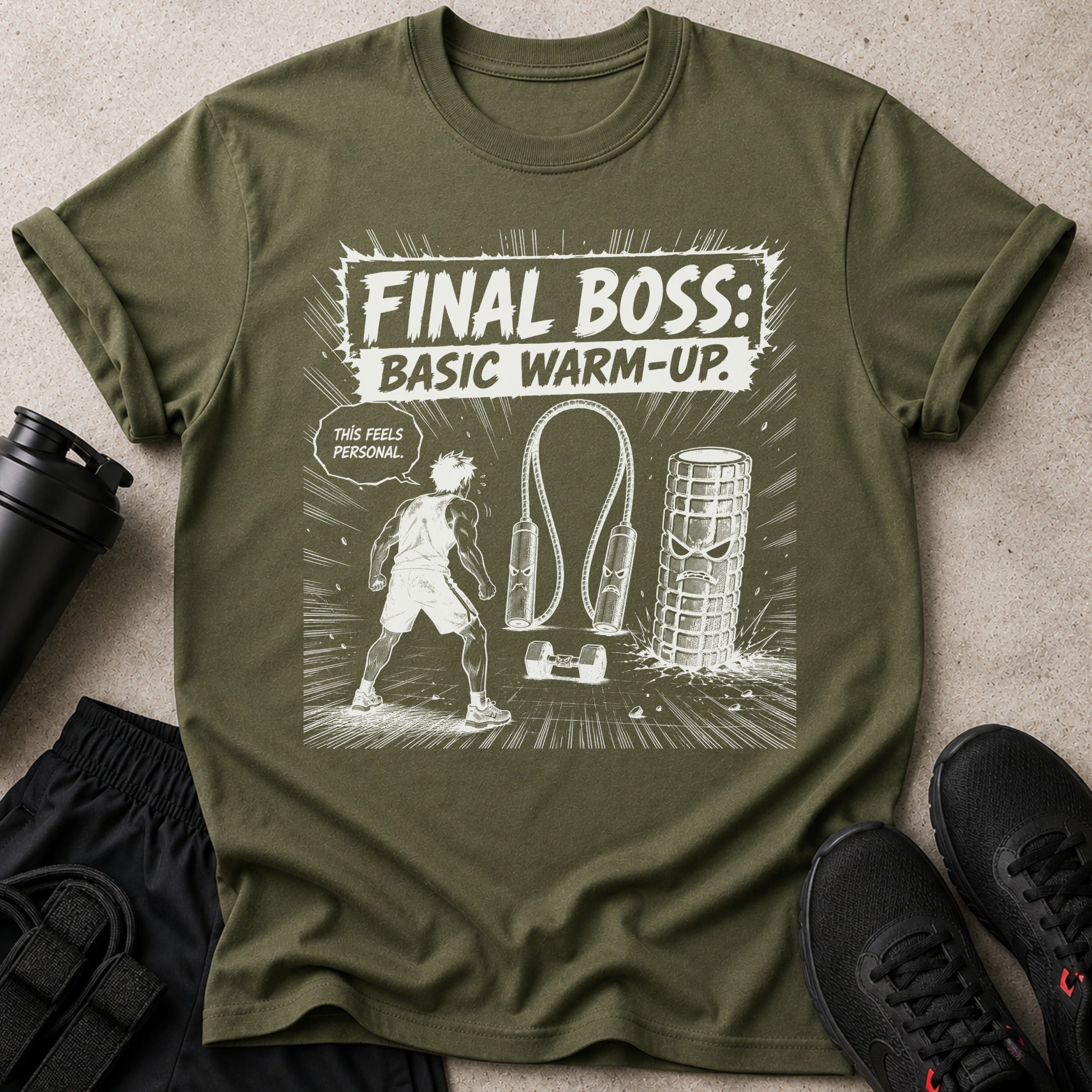 Olive green t-shirt with "Final Boss: Basic Warm-Up" graphic and a cartoon boxer.