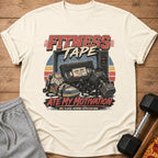 "Fitness Tape" graphic with a vintage TV, VHS, sneaker, and dumbbells, text says "Ate My Motivation".