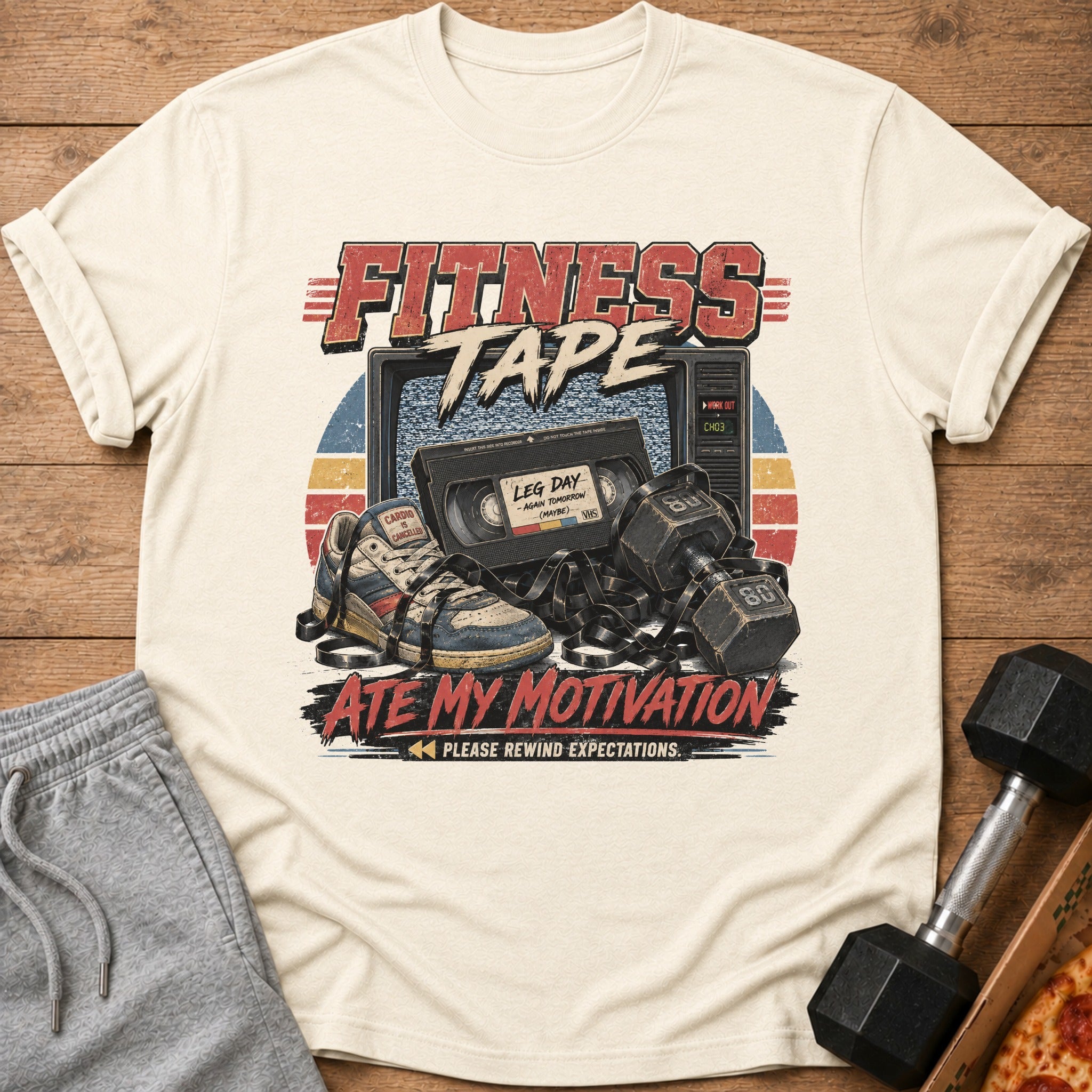 "Fitness Tape" graphic with a vintage TV, VHS, sneaker, and dumbbells, text says "Ate My Motivation".