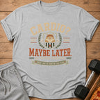 Gray t-shirt with "Cardio? Maybe Later. Rest Day is Part of the Plan." graphic.