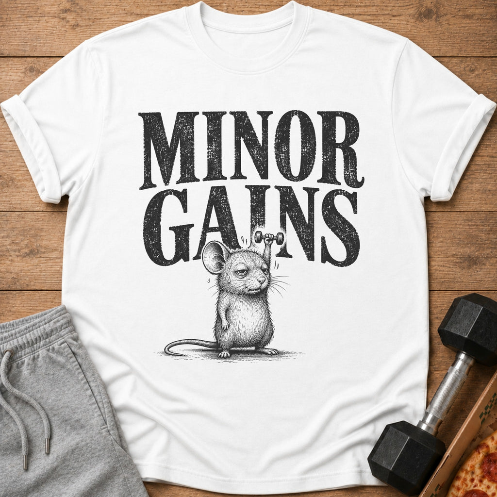 White t-shirt with black text "MINOR GAINS" and a drawing of a mouse lifting a dumbbell.