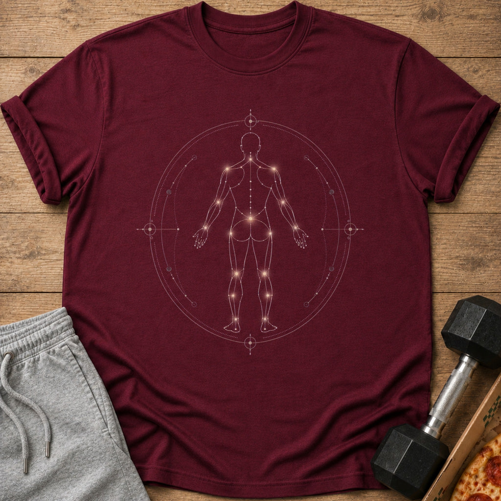 Maroon t-shirt with a light gold anatomical human diagram and celestial circle design.