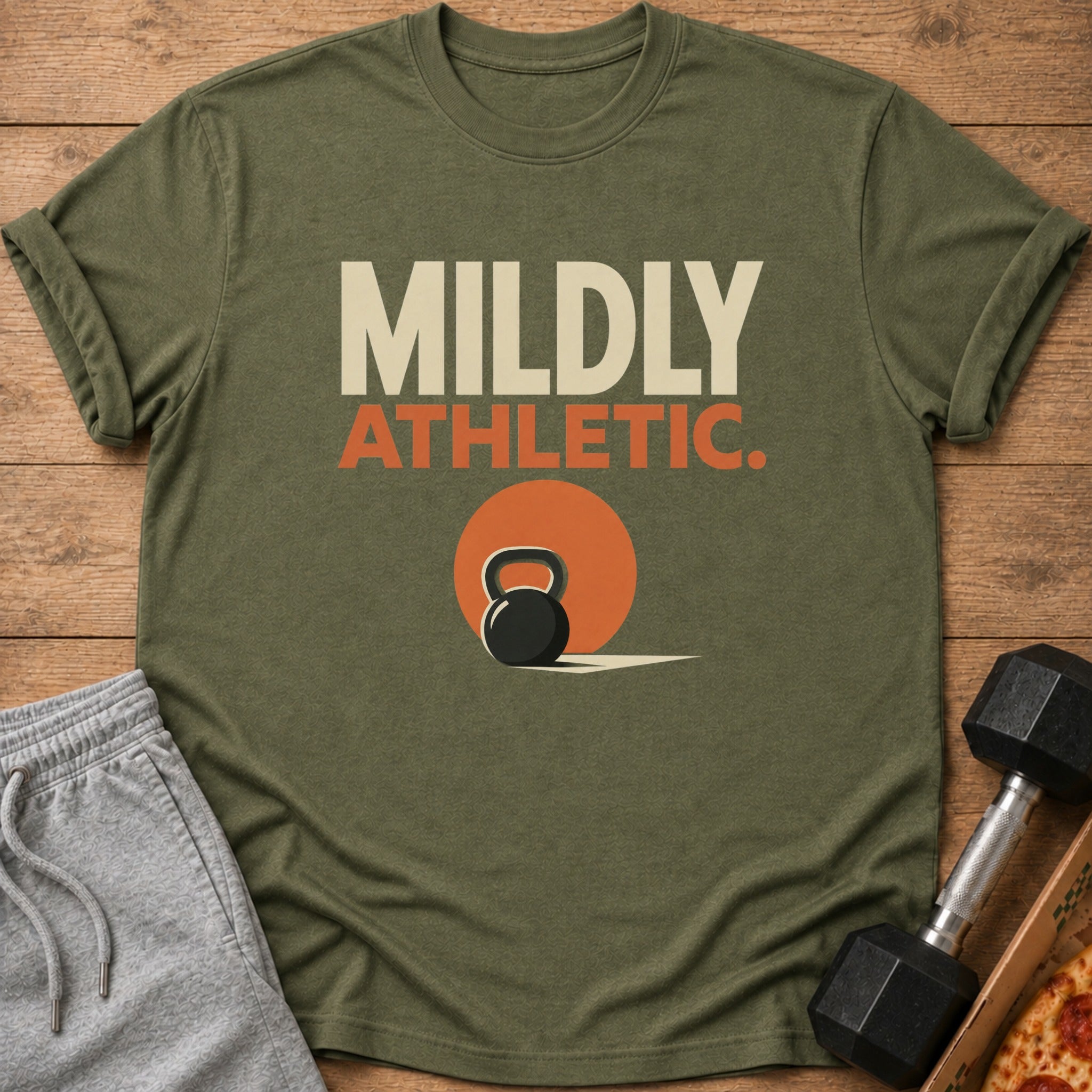 Green t-shirt with "MILDLY ATHLETIC" text and kettlebell graphic.