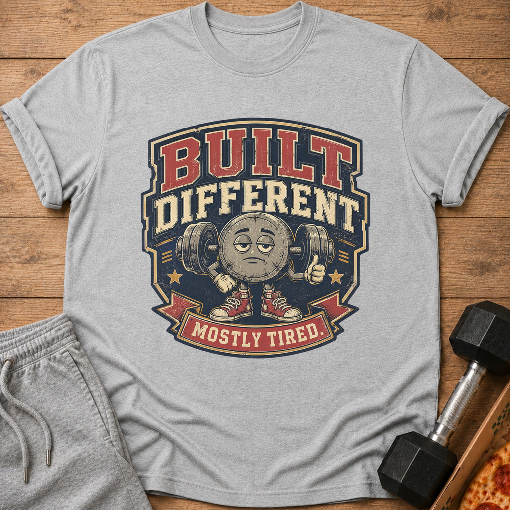 Gray t-shirt with "BUILT DIFFERENT MOSTLY TIRED" text and cartoon barbell character.
