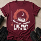 Maroon t-shirt with "THE WAY OF THE NAP" text and a crescent moon graphic.