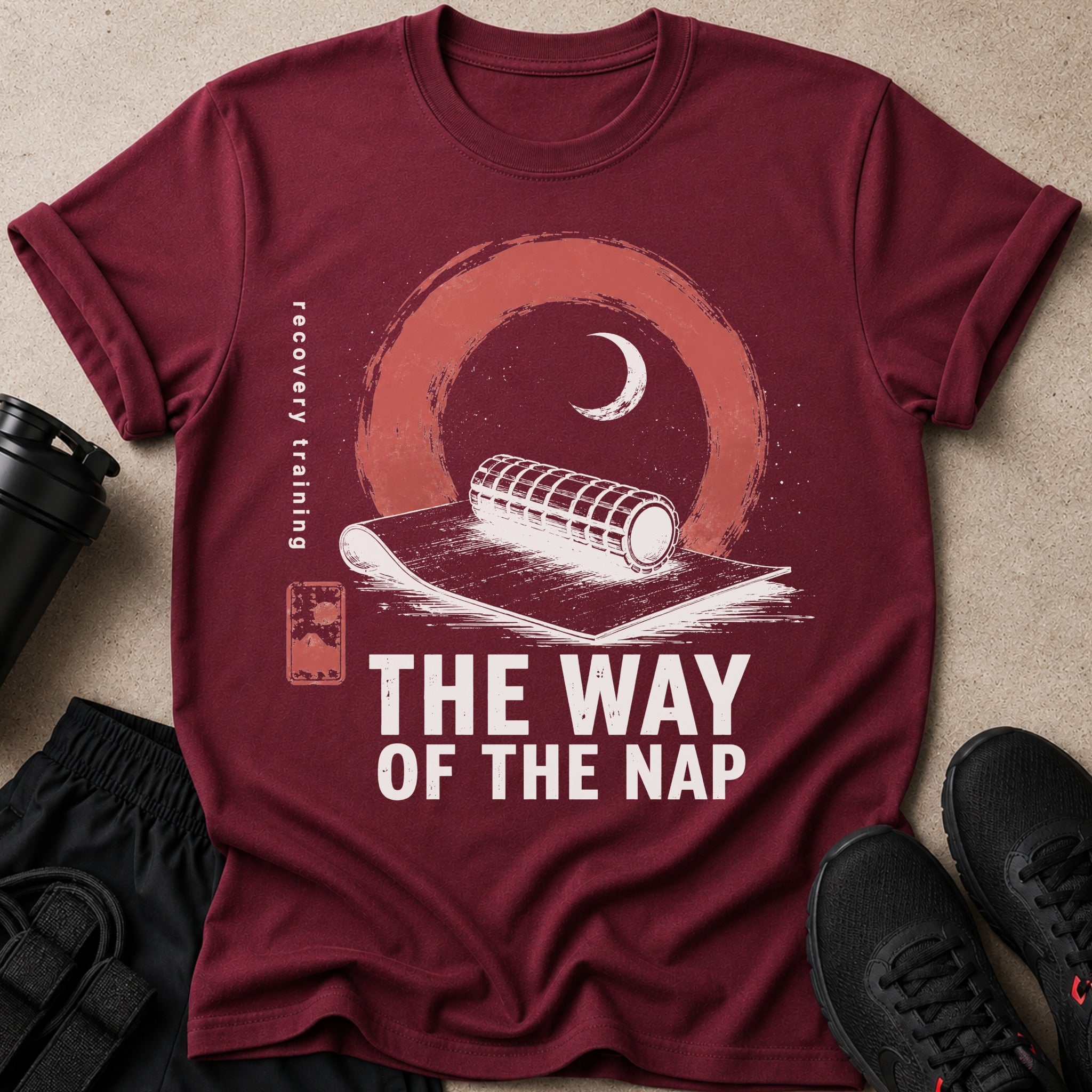 Maroon t-shirt with "THE WAY OF THE NAP" text and a crescent moon graphic.