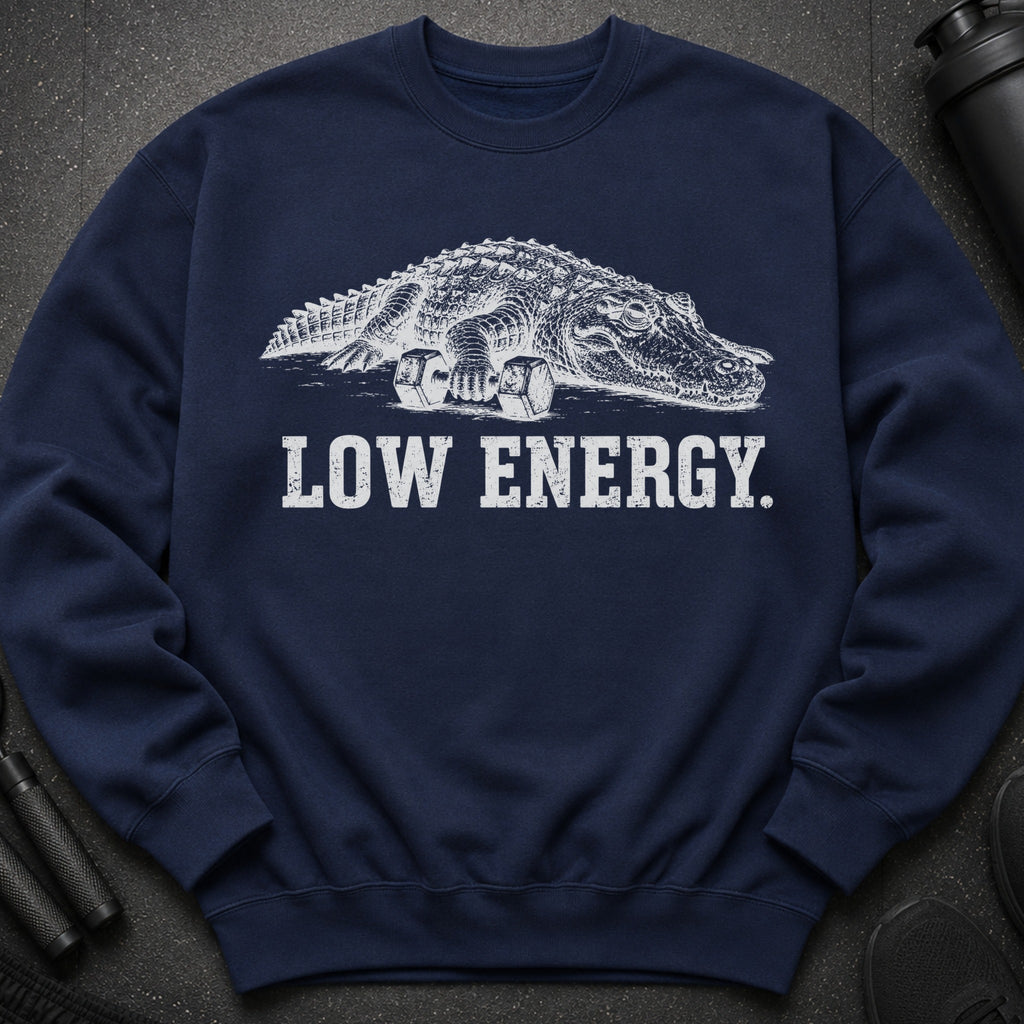 Navy sweatshirt with white alligator design and "LOW ENERGY" text.