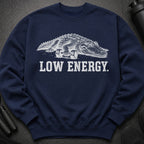 Navy sweatshirt with white alligator design and "LOW ENERGY" text.