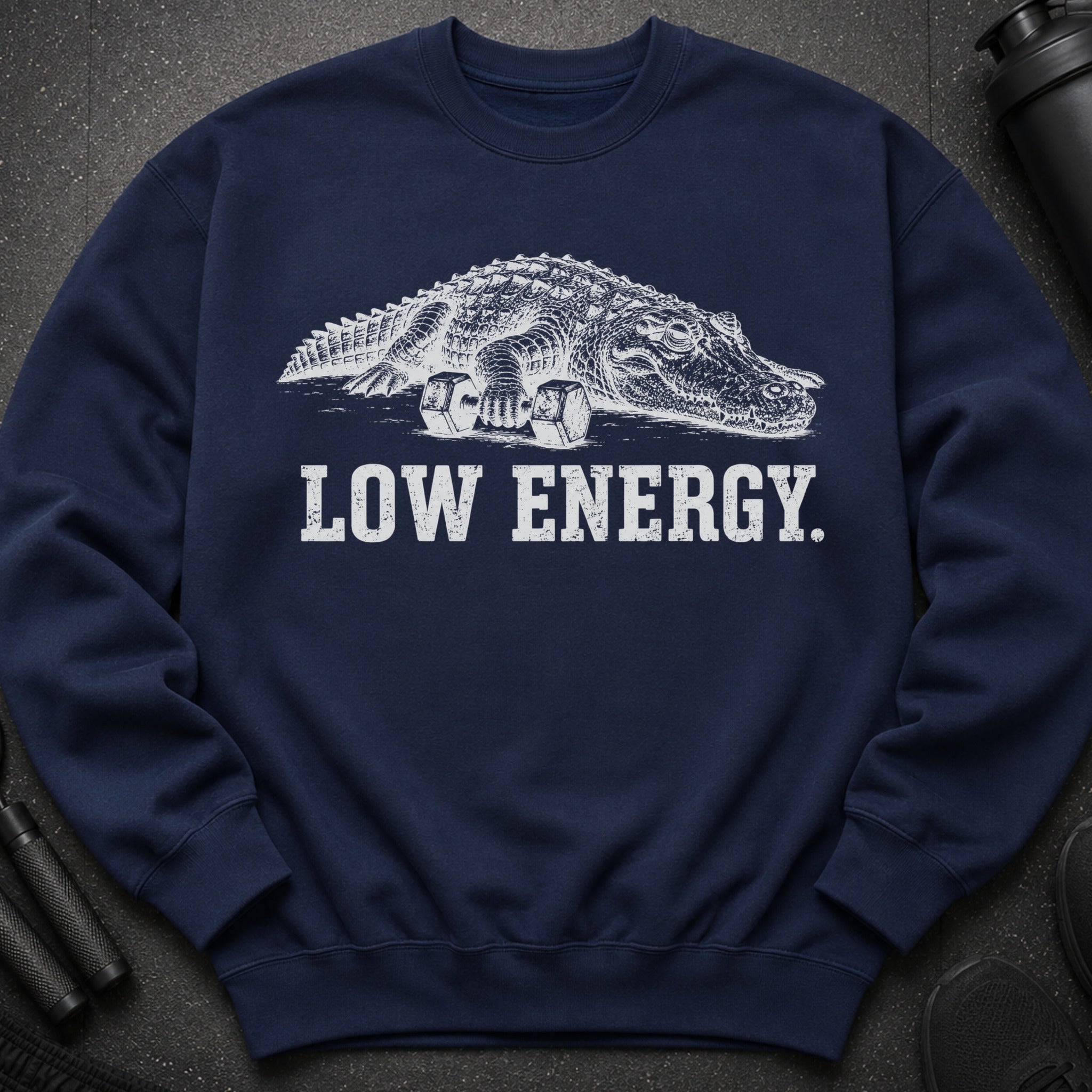 Navy sweatshirt with white alligator design and "LOW ENERGY" text.