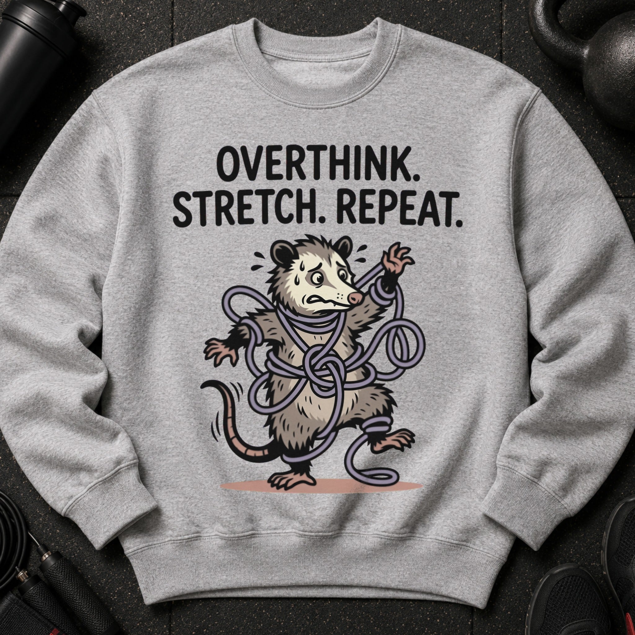 Gray sweatshirt with illustration of opossum tangled in rope and text "overthink. stretch. repeat."