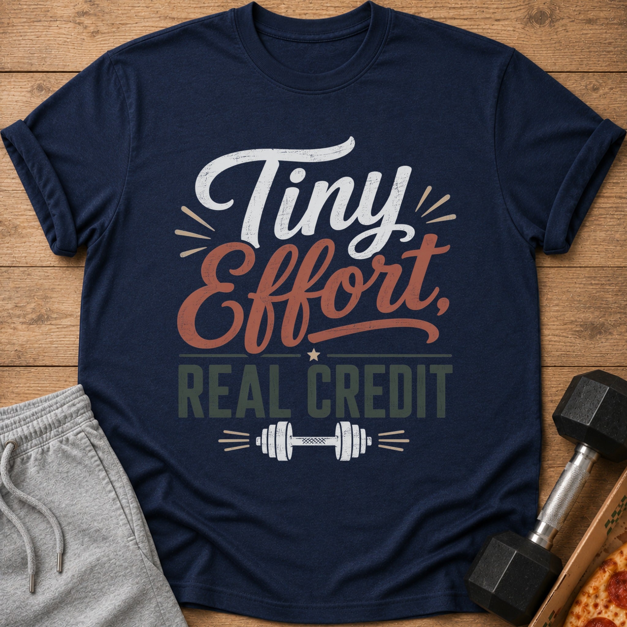 Navy t-shirt with "Tiny Effort, Real Credit" text and dumbbell graphic.