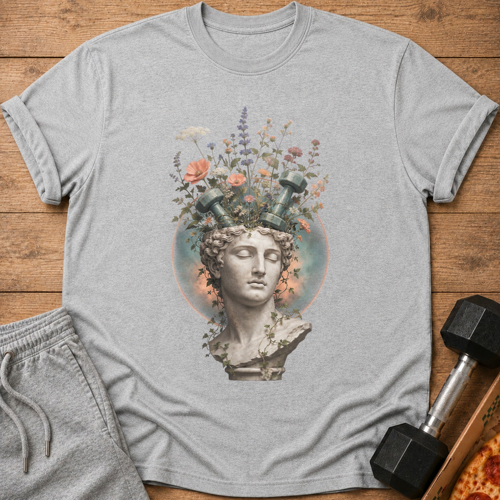 Grey t-shirt with a statue bust, flowers, and dumbbells on the front.