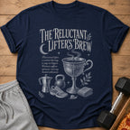 Navy t-shirt with "The Reluctant Lifter's Brew" and workout graphics.