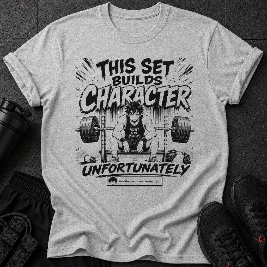 T-shirt with "This Set Builds Character Unfortunately" and a tired anime character lifting weights.