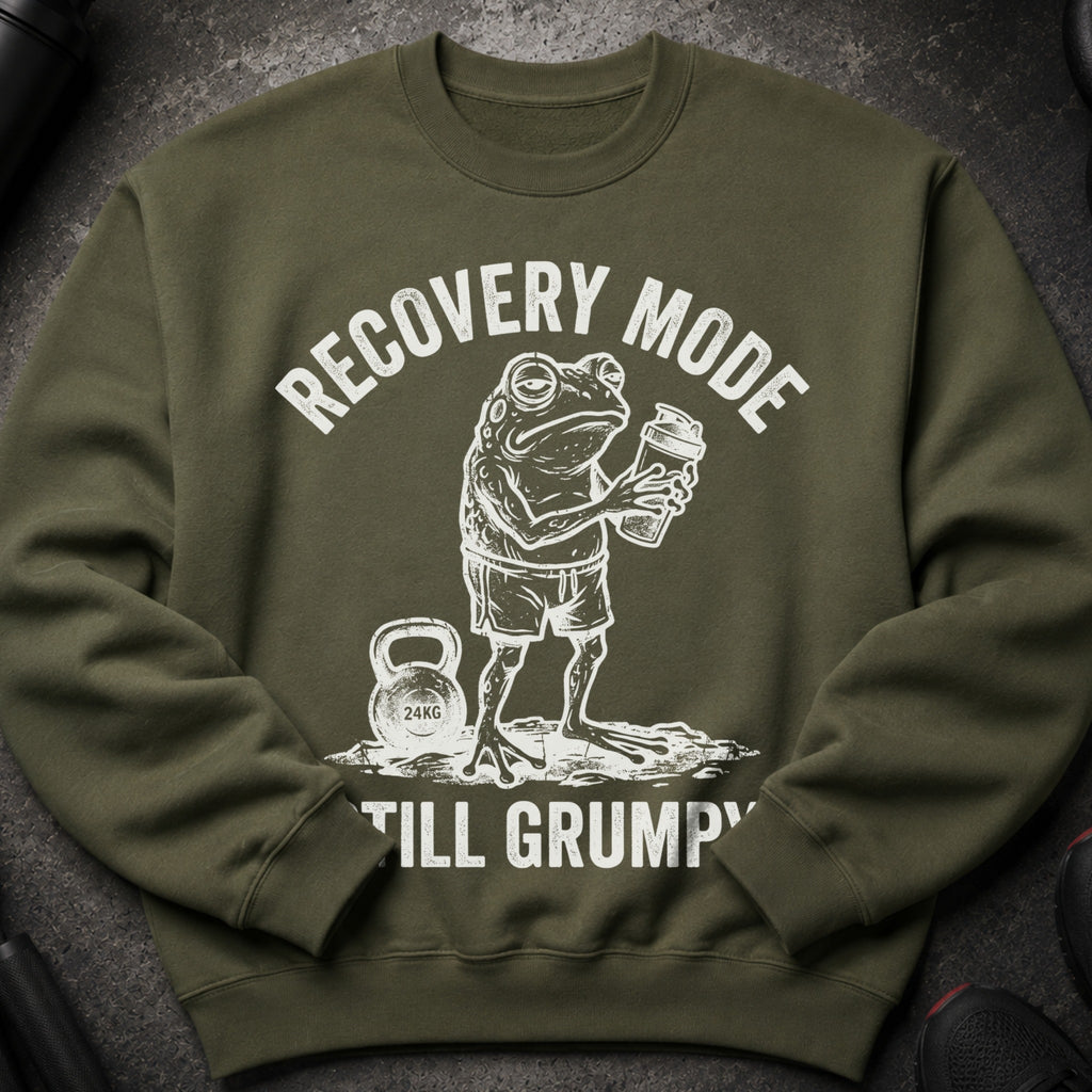 Green sweatshirt with a frog holding a shaker and text "RECOVERY MODE STILL GRUMPY".