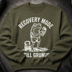 Green sweatshirt with a frog holding a shaker and text "RECOVERY MODE STILL GRUMPY".