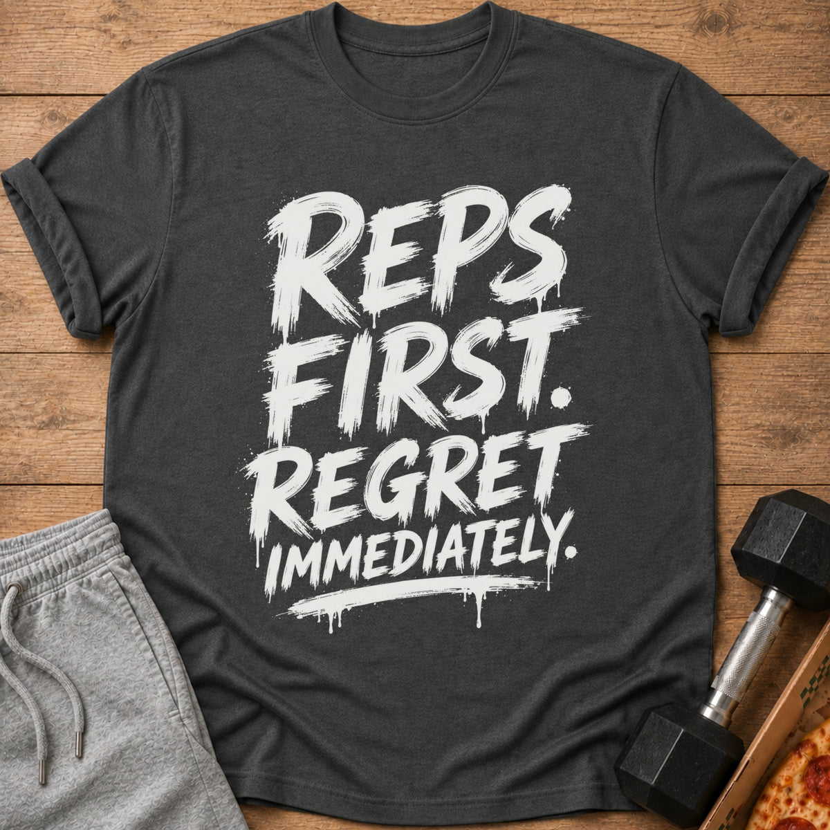 Dark grey t-shirt with white text "REPS FIRST. REGRET IMMEDIATELY."