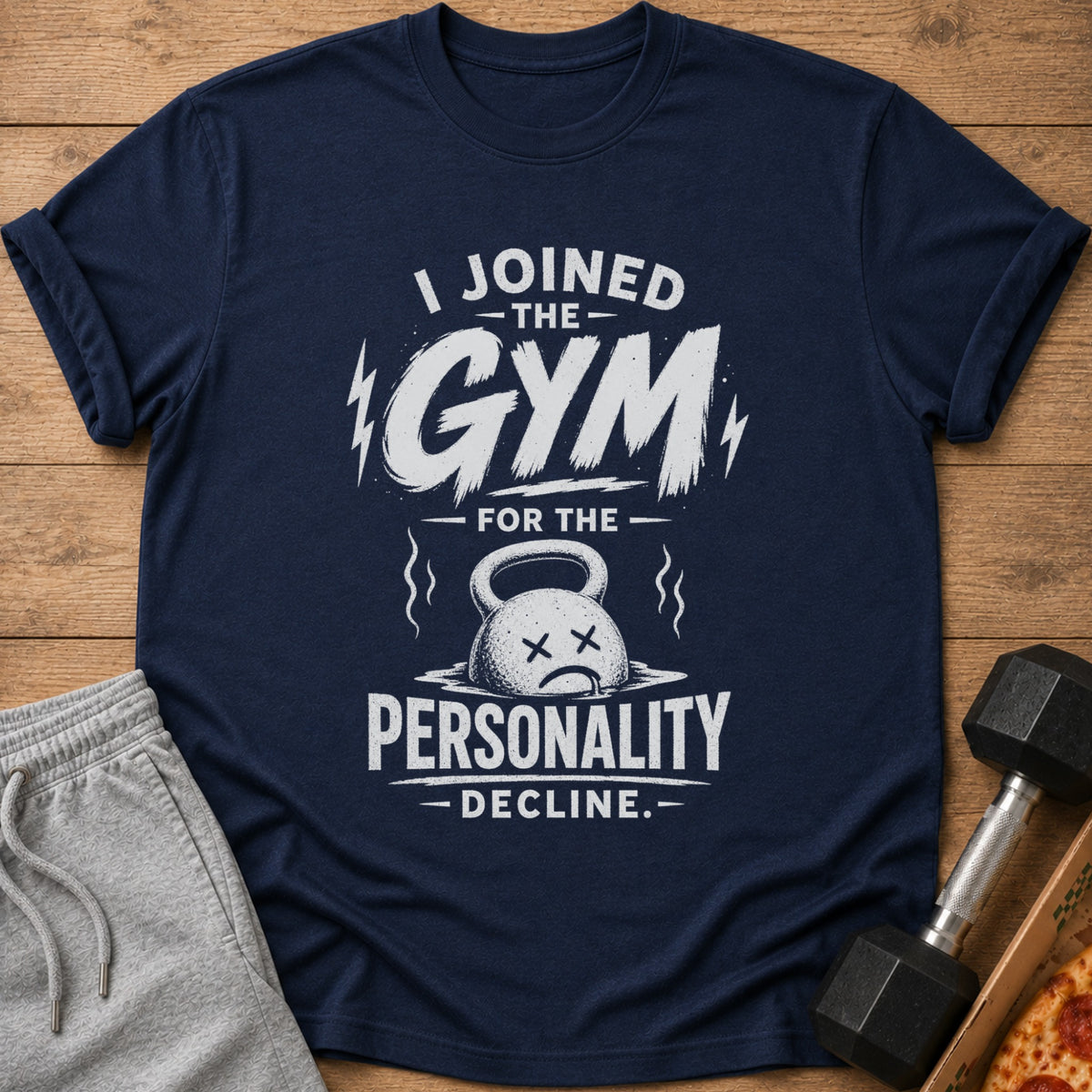 Navy t-shirt with text "I Joined the Gym for the Personality Decline."