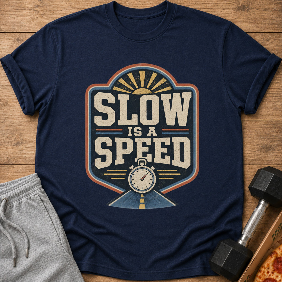 Navy t-shirt with "SLOW IS A SPEED" graphic, stopwatch, and sunburst.