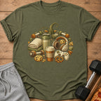 Graphic t-shirt design featuring a pumpkin made of gym equipment, snacks, and coffee.