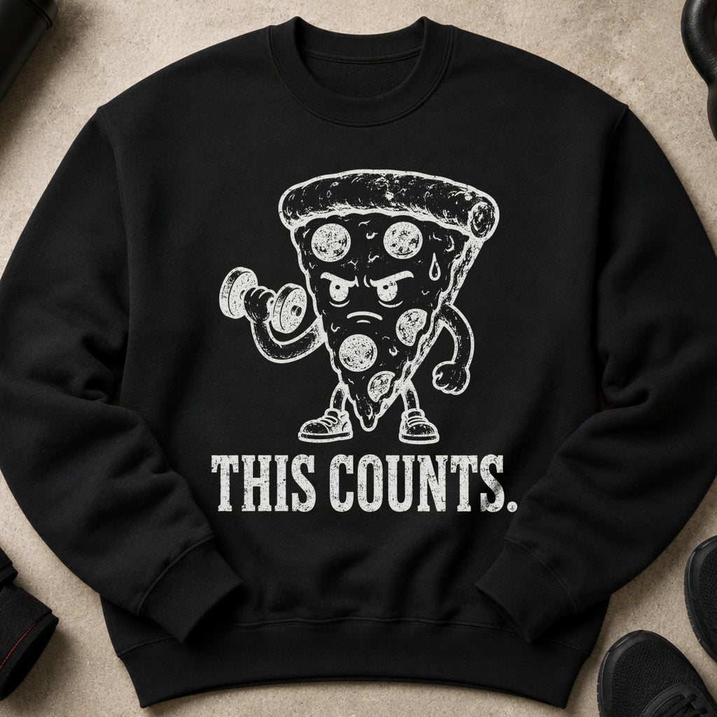 Black sweatshirt with distressed graphic of a pizza slice lifting a dumbbell and text "THIS COUNTS."