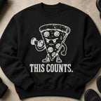 Black sweatshirt with distressed graphic of a pizza slice lifting a dumbbell and text "THIS COUNTS."
