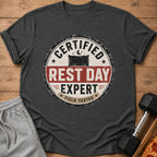 Dark gray t-shirt with "Certified Rest Day Expert Field Tested" graphic.
