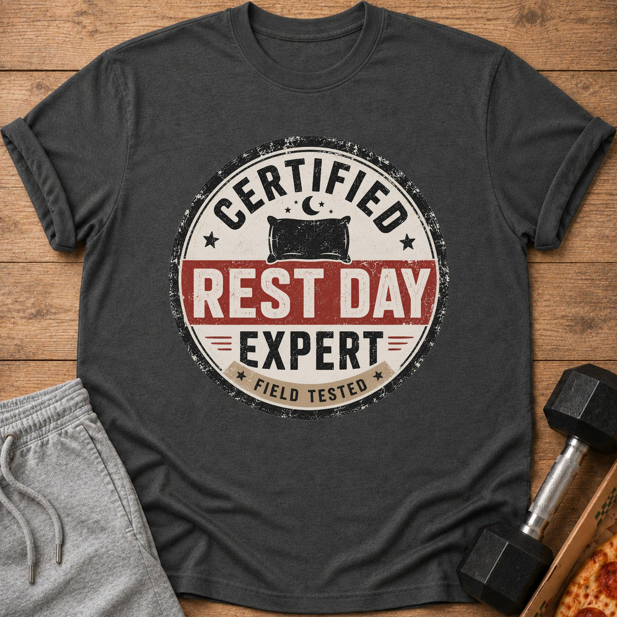 Dark gray t-shirt with "Certified Rest Day Expert Field Tested" graphic.