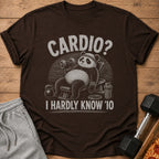 Brown t-shirt with distressed graphic of a panda on a weight bench saying "Cardio? I Hardly Know '10".