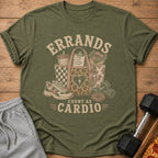 Green t-shirt with "ERRANDS count AS CARDIO" graphic featuring a tote bag, coffee, and a sneaker.