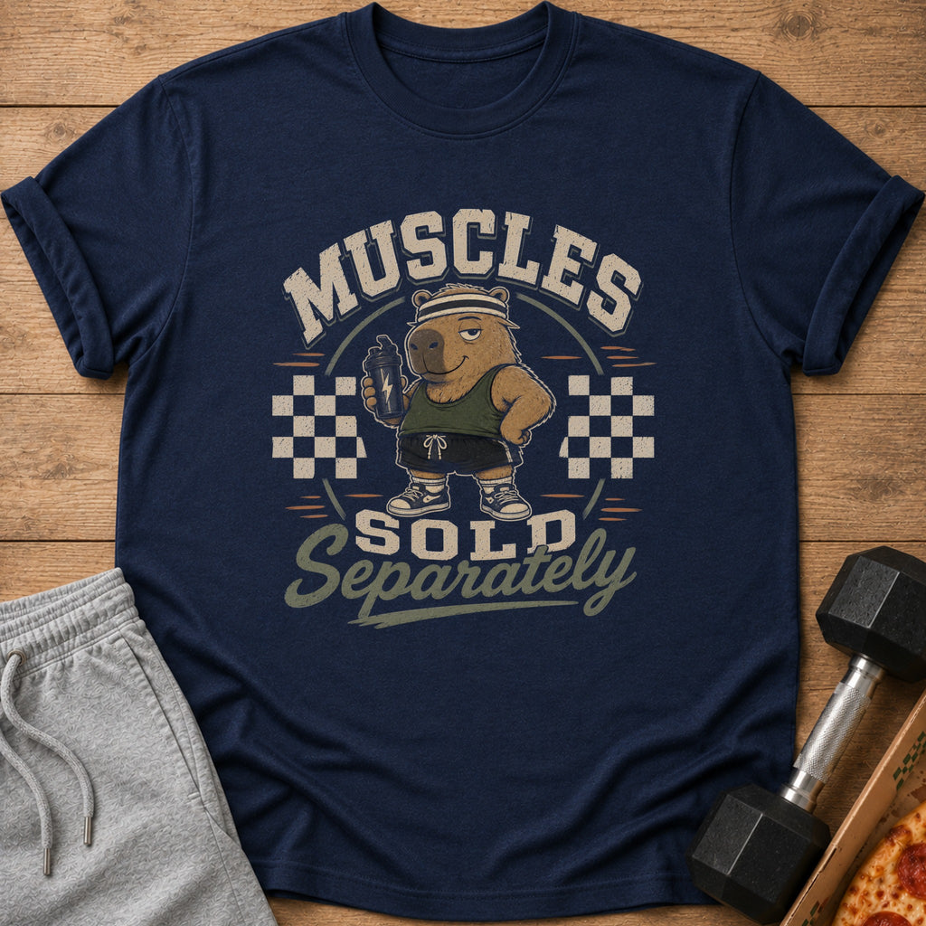 Navy t-shirt with "Muscles Sold Separately" text and a capybara holding a shaker bottle.