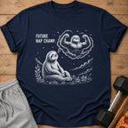 Navy t-shirt with "FUTURE NAP CHAMP" text and a sloth dreaming of a muscular sloth.