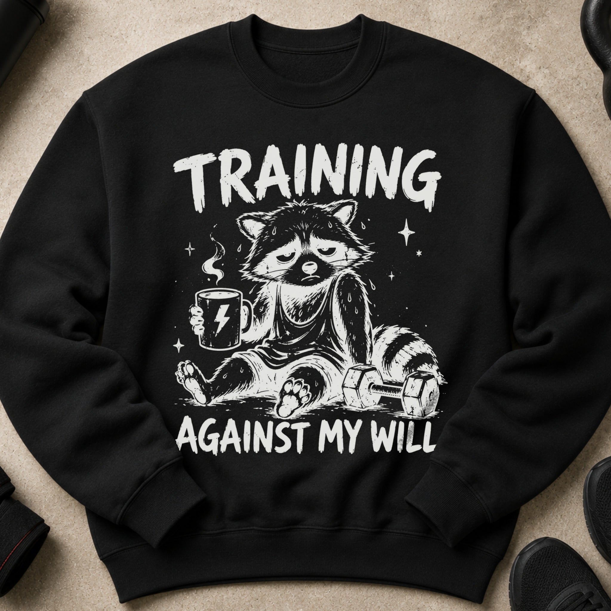 Black sweatshirt with raccoon graphic and text "TRAINING AGAINST MY WILL".