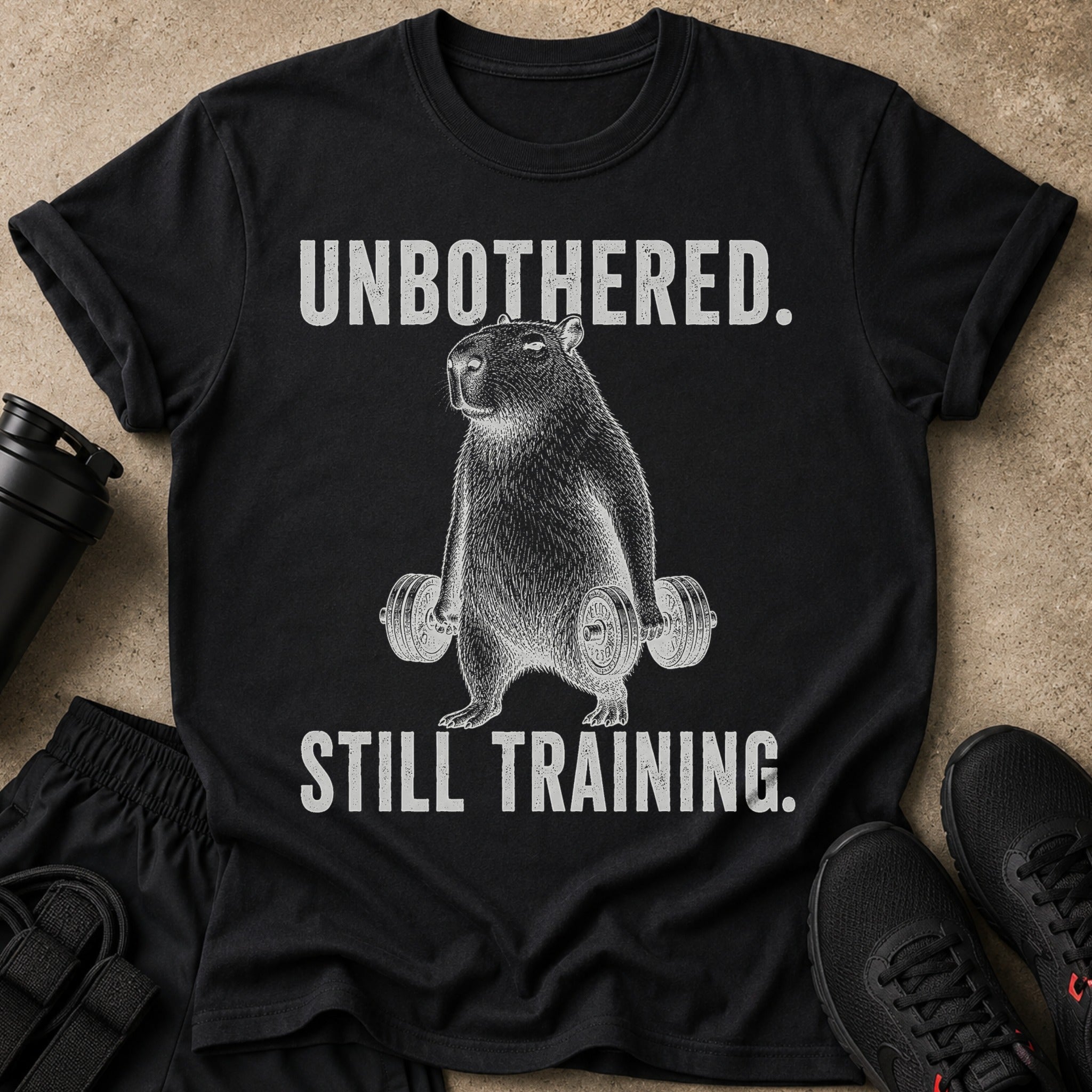 Black t-shirt with distressed white text "UNBOTHERED. STILL TRAINING." above a capybara lifting weights.