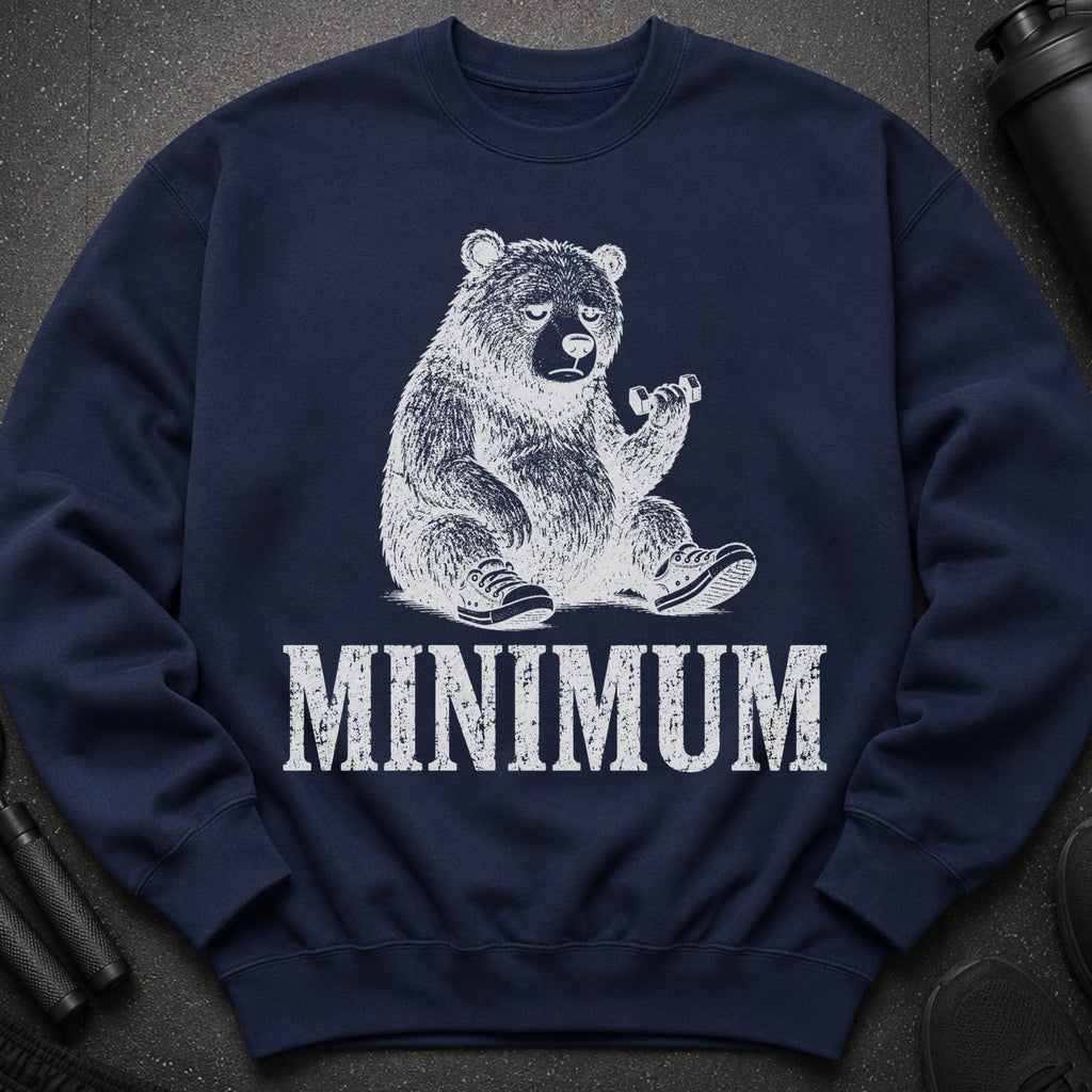Navy crewneck sweatshirt with distressed bear lifting dumbbell graphic and "MINIMUM" text.