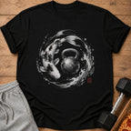 Black t-shirt featuring a koi fish and kettlebell in a dynamic, splashy design.