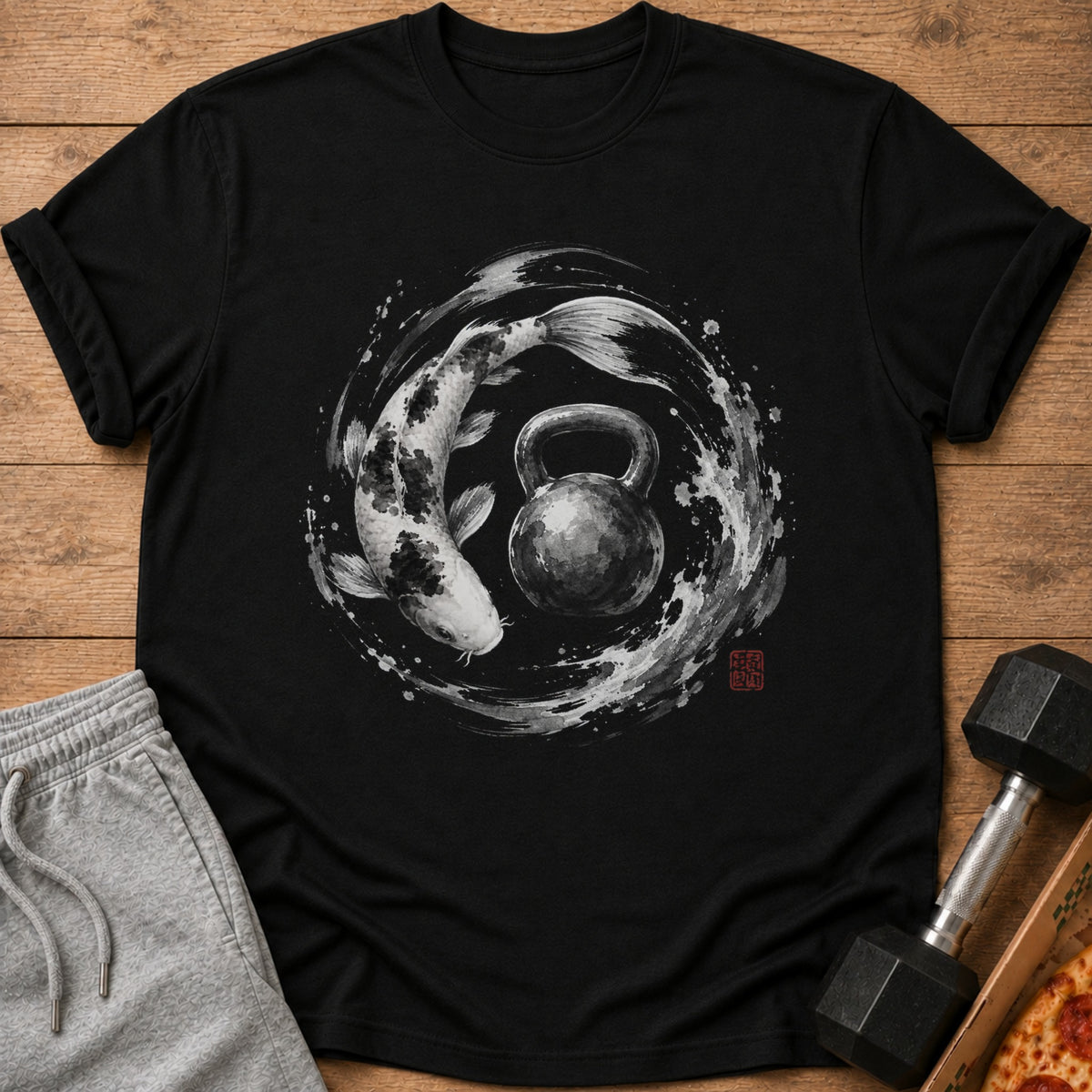 Black t-shirt featuring a koi fish and kettlebell in a dynamic, splashy design.