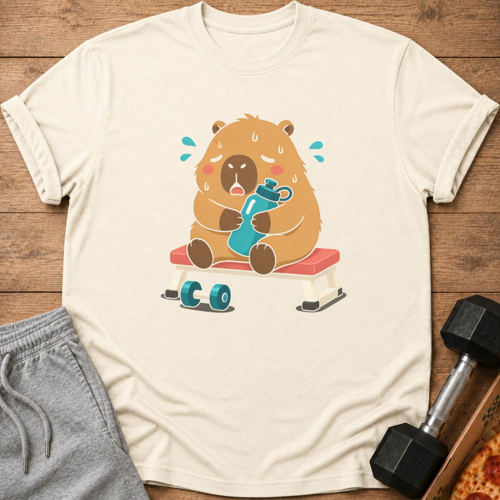 Tired cartoon bear sits on a bench holding a water bottle with dumbbells nearby.