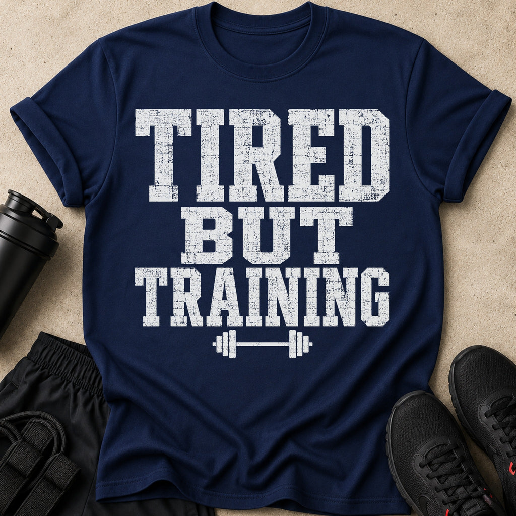 Navy t-shirt with white distressed text reading "TIRED BUT TRAINING" and a barbell graphic.