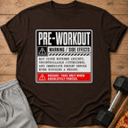Brown t-shirt with "PRE-WORKOUT" warning about side effects and dosage.