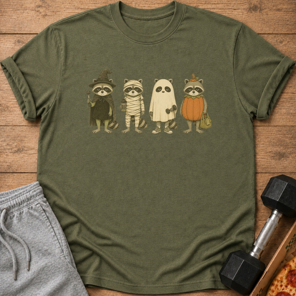 Four raccoons dressed in Halloween costumes stand together, one in a witch costume.