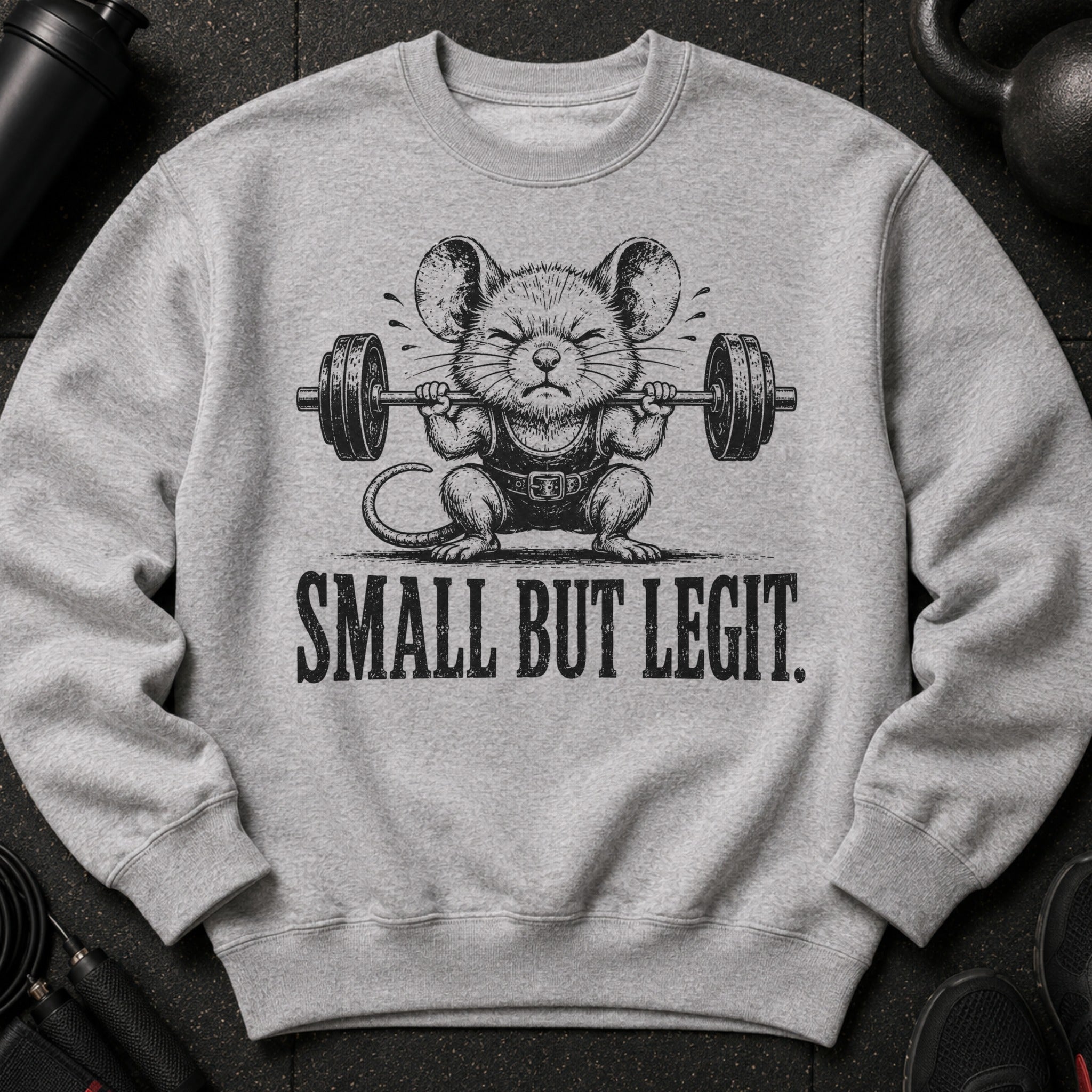 Grey sweatshirt with a black graphic of a mouse lifting a barbell with text "SMALL BUT LEGIT."