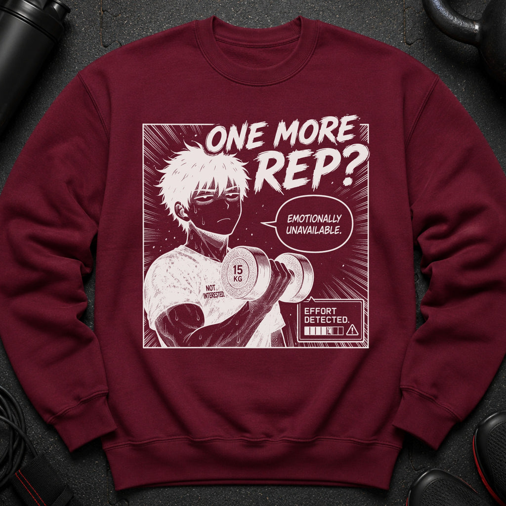 Sweatshirt with manga art of a man lifting a dumbbell, "One More Rep?" text.