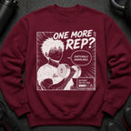 Sweatshirt with manga art of a man lifting a dumbbell, "One More Rep?" text.